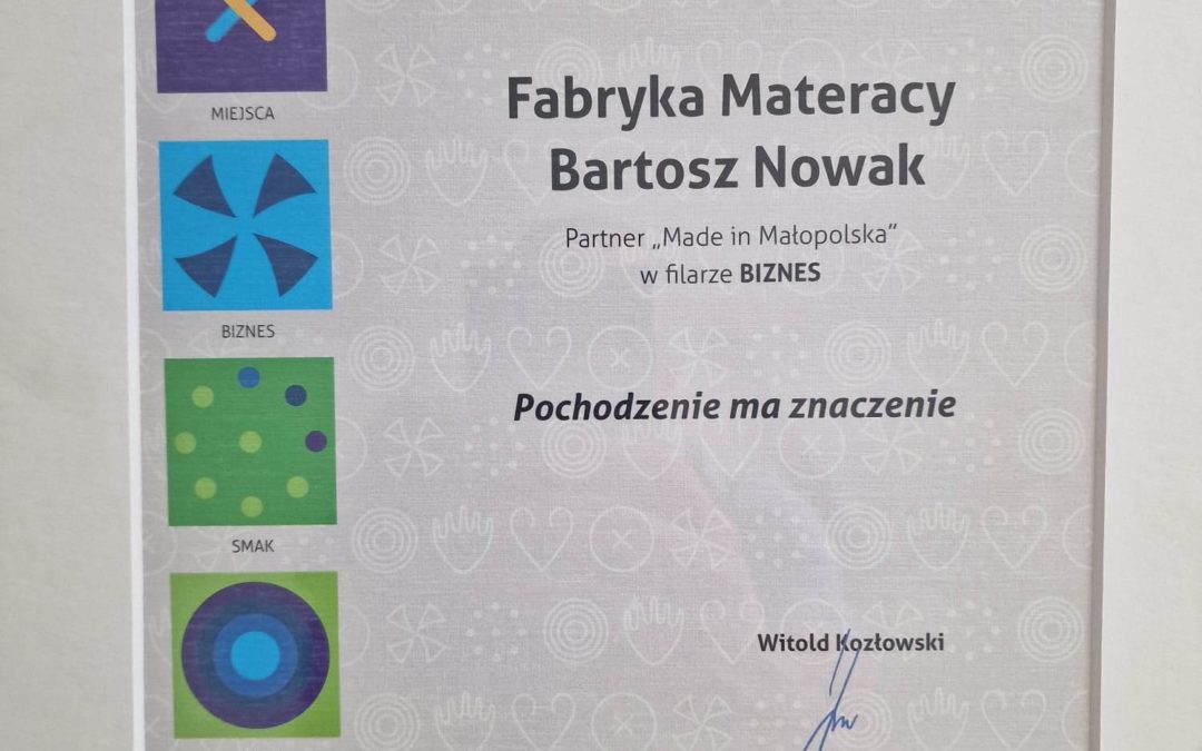 Odbiór Certyfikatu Made in Małopolska przez Bartosza Nowaka z Fabryki Materacy Nowak